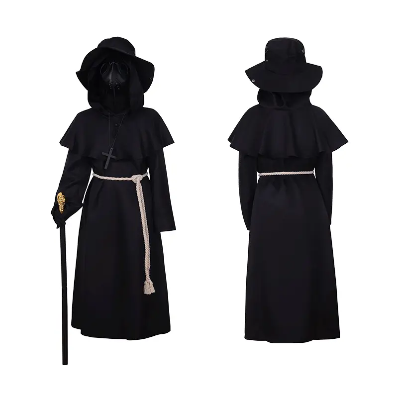 Medieval Plague Doctor Costume Halloween Bird Beak Mask Steampunk Cosplay Outfit Adult Vintage Black Robe Cape Hat Set Creepy Goth Dress Up Apparel Performance Suit Historical Attire Boys Grils Gift
