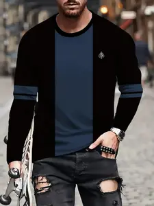 Men's Colorblock 3D Digital Print Long Sleeve T-Shirt, Casual Sporty Comfortable Pullover, Fall & Winter Outdoor Clothing