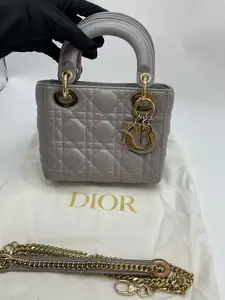 Pre-owned Dior Lady Bag, 2018 Code, 97% New, Pearl Gray Lambskin Leather with Gold Tone Hardware, Top Handle / Shoulder / Crossbody Bag