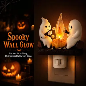 Ghost Campfire Night Light, Plug-in Wall Flickering Flame Nightlight, Halloween 3D Cute Spooky Marshmallow Ghost Decoration for Bedroom, Spooky Season Home Halloween Decor