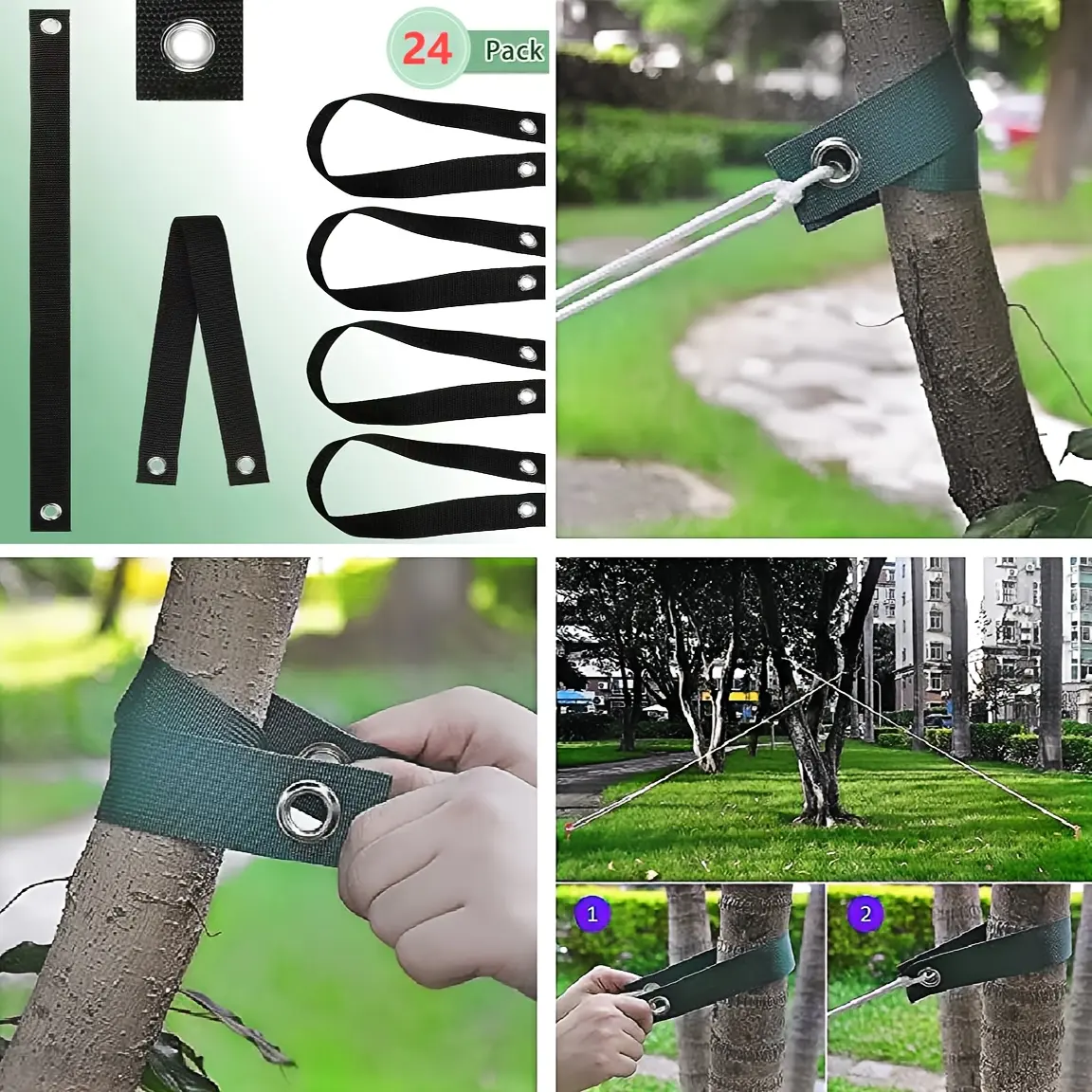 24pcs set of tree fixing windproof straps, non-bark strapping, outdoor camping fixed wind rope with air eye buckle, multi-functional cargo extension binding strap, and durable super strong traction tying tape
