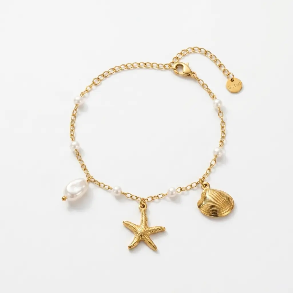 Summer Beach Ocean Themed Bracelet Gold Plated Starfish Shell Charm Pearl Chain Stainless Steel Adjustable Vacation Jewelry For Women