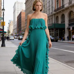 2026 Summer Women Ruched Tube Top Dress Flowy Swing A Line Party Maxi Dress
