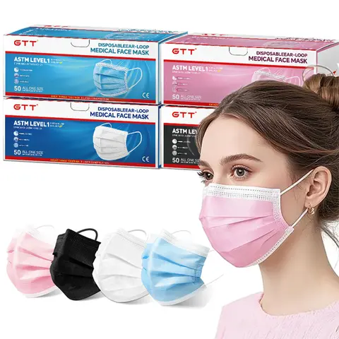 GTT Disposable 3-Layer Non-Woven Breathable Protective Adult Face Masks (50-200Pcs) - ASTM Level 3, M2.5 Filters, Universal Fit, Black, White, Pink, Blue - Healthcare Masks for Adults, Cooking, Cleaning