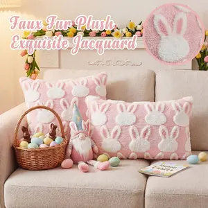 Easter Bunny Plush Pillow Cover, Embroidered Heart Pattern, Soft Breathable Fabric, Hidden Zipper, Washable, Home Decor