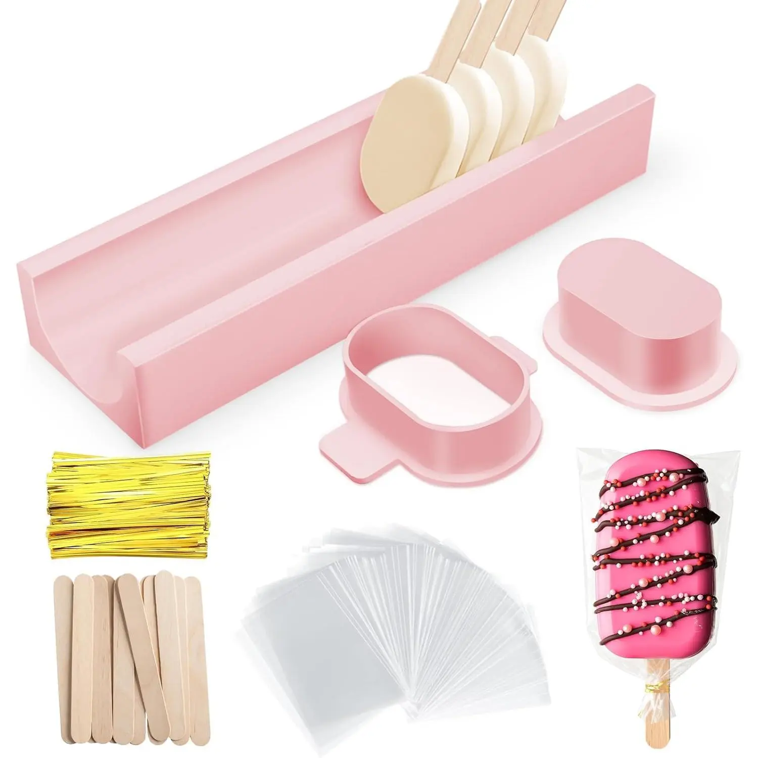 3 Inch Cakesicle and Cake Pop Mold Set with 8.7in Tray, 100 Wooden Sticks & 100 Bags, Cakesicle Mold for Homemade Cake Pops, Baking, Birthdays and (Pink)