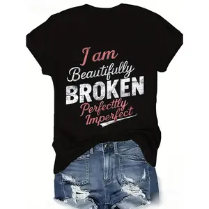 [100% Cotton] I Am Beautifully Broken, Perfectly Imperfect Women'S T-Shirt- Casual Sporty, Short Sleeve, Round Neck,  Black With Pink White Text, T-Shirt For Men And Women