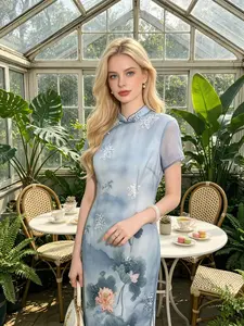 Ao Dai Style Mesh Panel Ethereal Chic High-Quality Everyday Dress · Ink Blue Lotus Pond Water Ripple Print Cheongsam