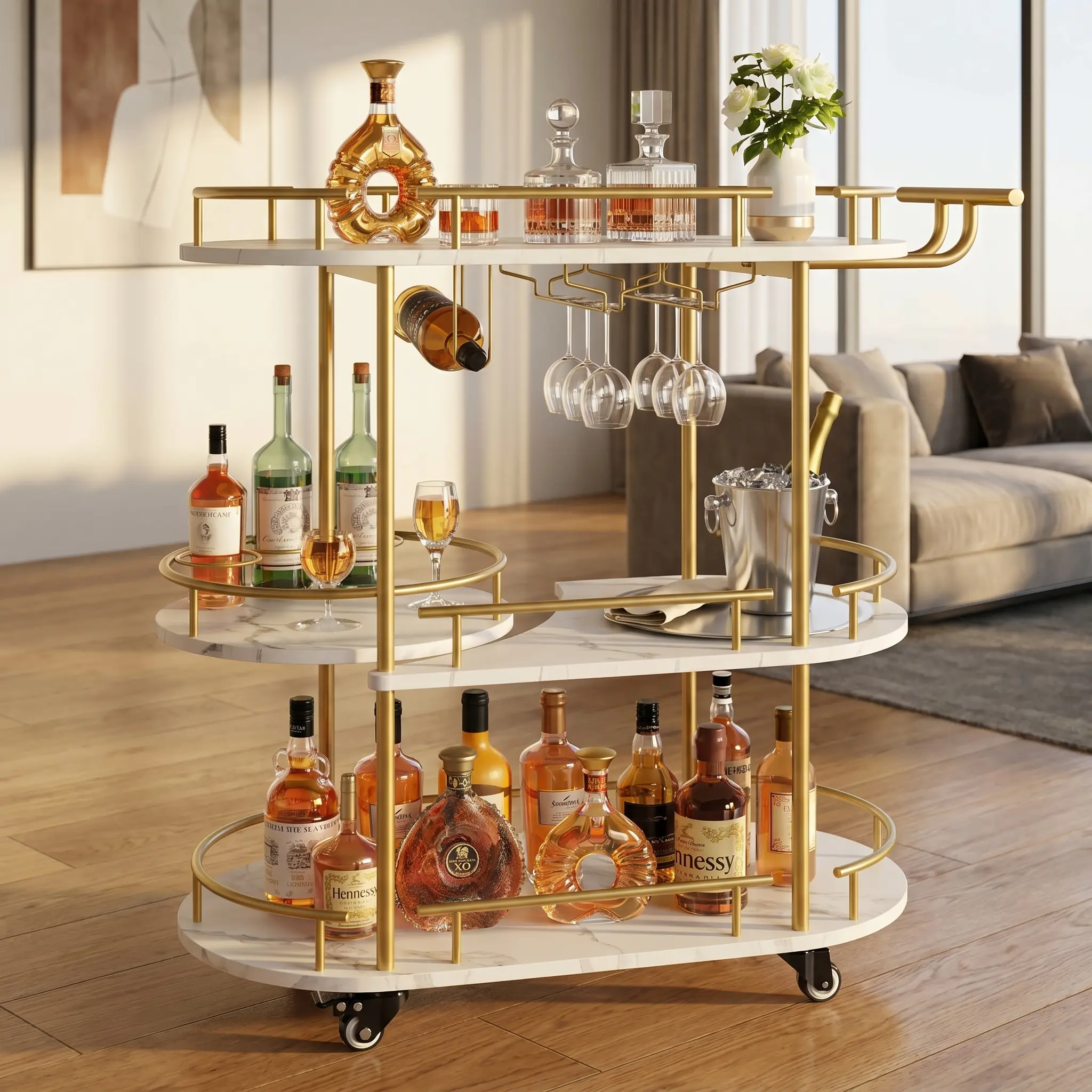 YJ-Garvee Gold Bar Cart with 4-Tier Storage Shelves, Mobile Serving Cart on Wheels Featuring Wine Rack and Glass Holder, Ideal for Kitchen, Living Room, and Dining Room Use