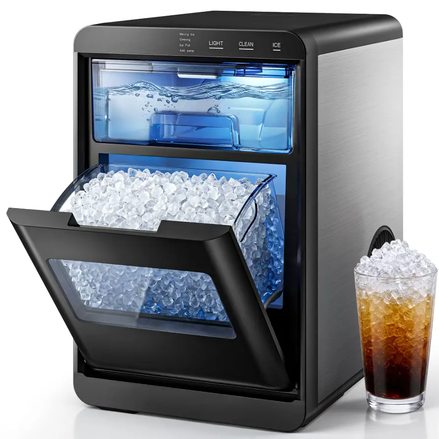 Simzlife Countertop Nugget Ice Maker, 44lbs/Day Soft Chewable Pebble Ice Machine, 1-Touch Self-Cleaning Touch Screen, Stainless Steel Black for Home, Kitchen, Office