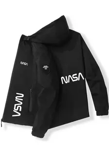 Polyester Fabric Hooded Jacket, Nasa Letter Print Design, Spring & Fall Fitted Style, Casual Daily Wear, Breathable Material