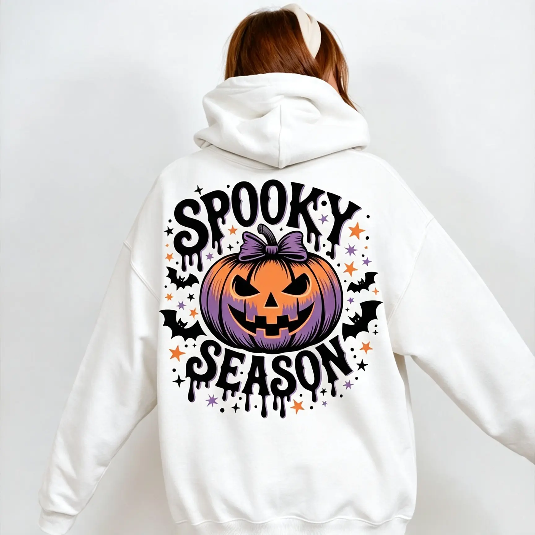 Halloween Themed - Halloween Oversized Comfortable Pumpkin Letter Print Hoodie, Soft Casual Long Sleeve with Pocket, Comfortable Women's Daily Wear Apparel Adjustable Breathable