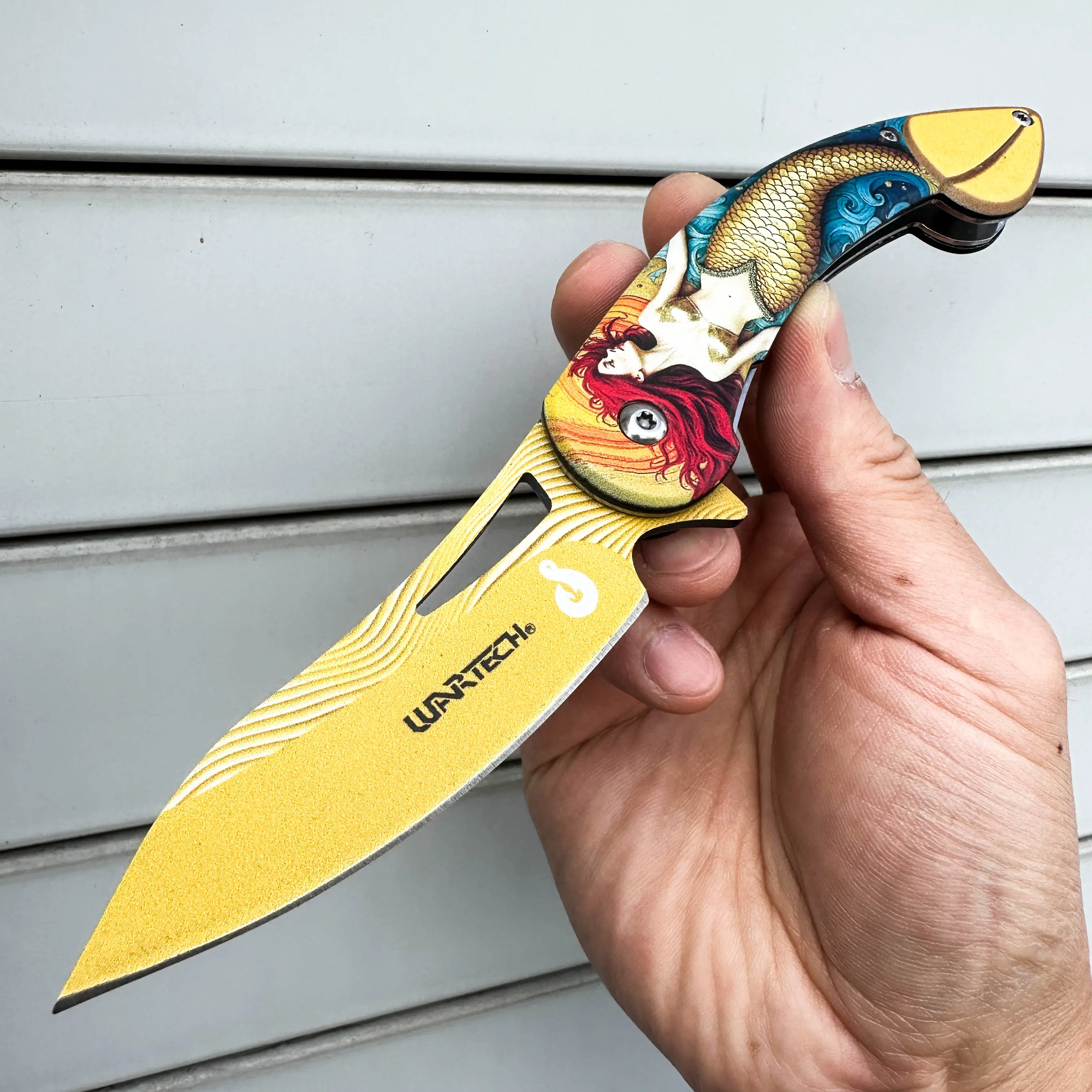 8" Mermaid Dolphin Stylish Trailing Point Modern Design EDC Aluminum Folding Pocket Knife for Men and Women, Lightweight Knife, Sharp Stainless Steel Blade Outdoor Tool