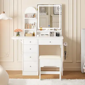 Vanity Desk with Mirror & LED Light, Makeup Vanity Table with 5 Drawers, Power Outlet, and Vanity Stool, 3 Lighting Colors, Dressing Table for Bedroom
