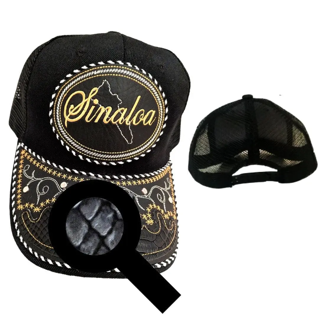 Sinaloa Hat, Adjustable Unisex, Charro Style, Polyester/Acrylic, Embroidered Snake Skin Design in Black