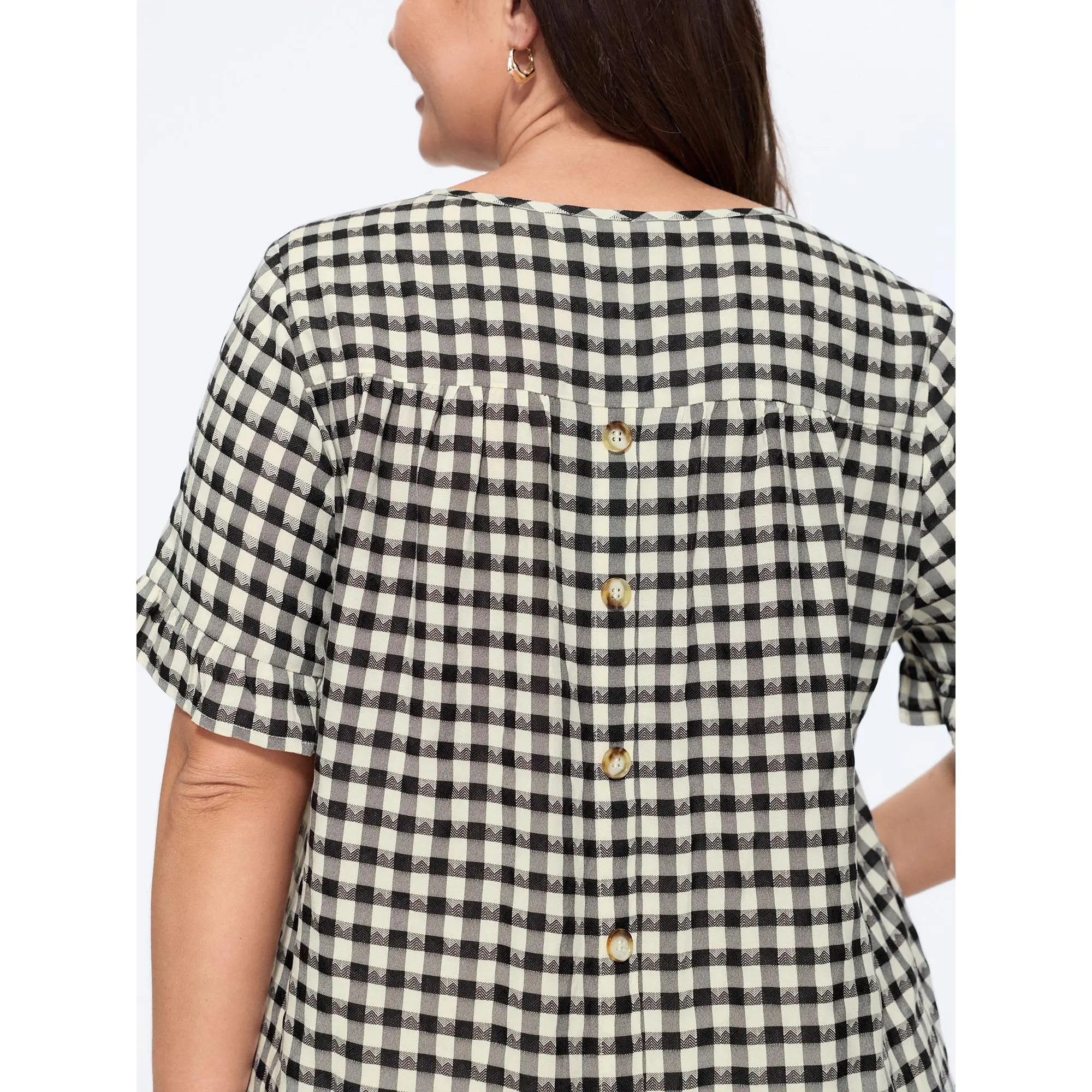 BLOOMCHIC Women's Plus Size Shortsleeve Gingham Print Blouse - Smooth Polyester Fabric, Ruffled Detail, Arc Hem, Garment [M-6X] Summer Finds, Button Front, Casual