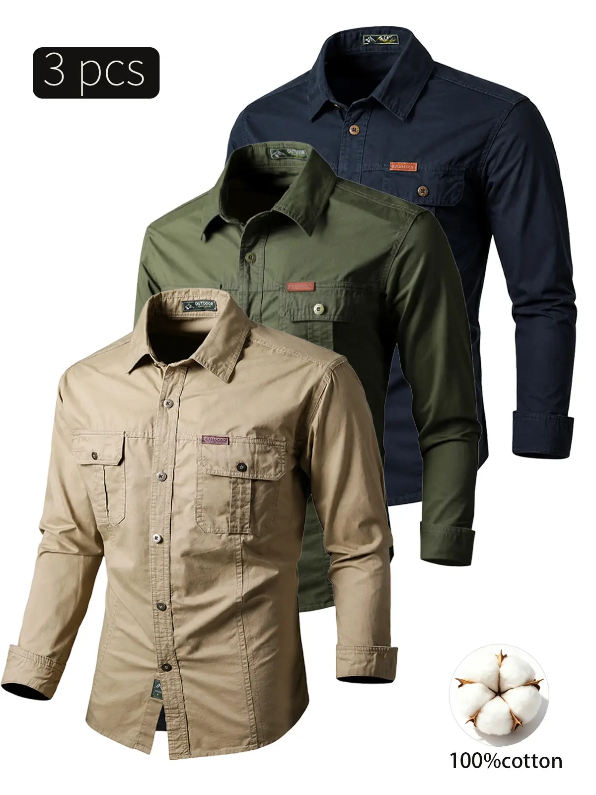 3-Pack Men’s Lightweight Cotton Workwear Shirt, Vintage Utility Long Sleeve Button Down, Casual Textured Spring Fall Top for Office, Work & Daily Wear