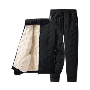 Two-piece Set Men's Solid Zip Up Thermal Lined Jacket & Pocket Pants, Regular Fit Casual Cozy Long Sleeve Outerwear & Jogger Pants for Winter, Men's Clothes for Outdoor Activities, Coat