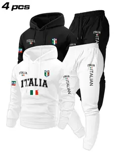 Men's Letter Print Casual Athletic Tracksuit Set, Sweatsuit with Pockets, Hooded Sweatshirt & Drawstring Pants, Fall Winter Loose Fit Thick Fabric, Comfortable Warm