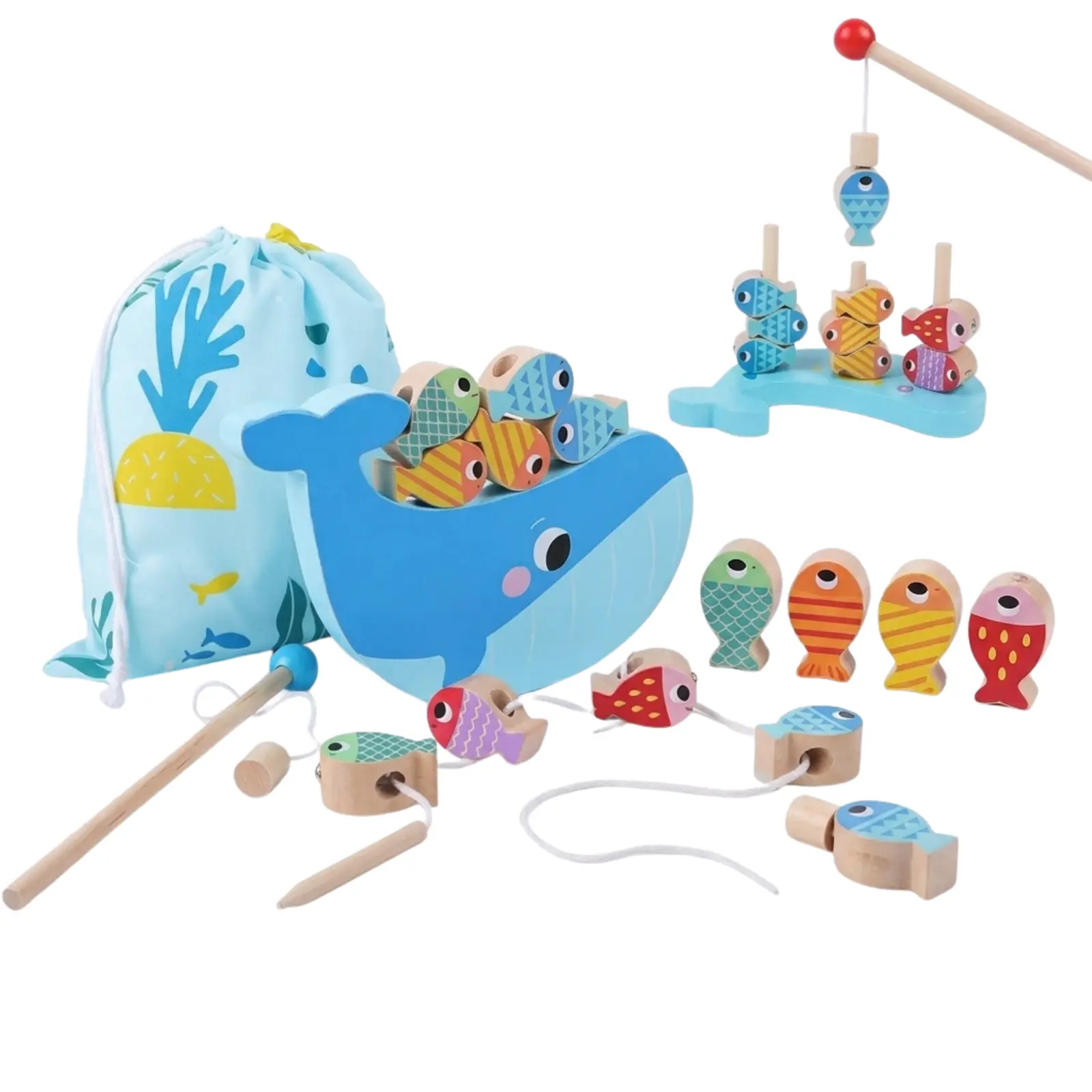 Wooden Magnetic Fishing Game for Kids, Ocean-Themed Montessori Fine Motor Toy with Fish and Fishing Rods
