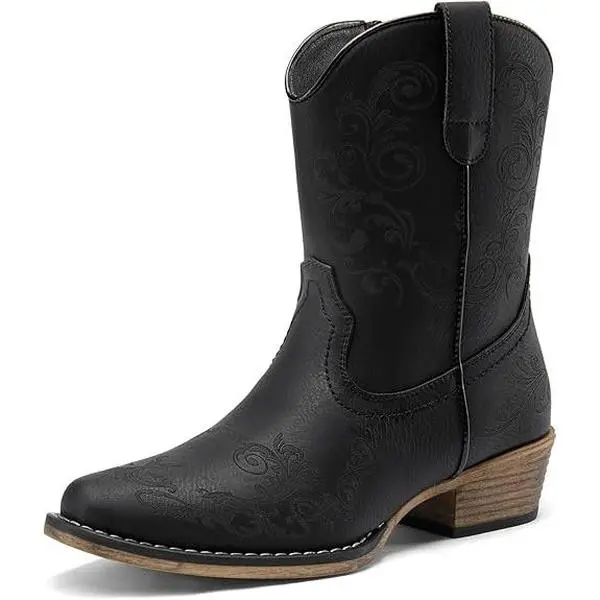 Dream Pairs Ankle Boots for Women, Square Toe Western Cowboy Shoe with Engraved Detail, Low Block Heel for Western Wear, Western Wear For Women