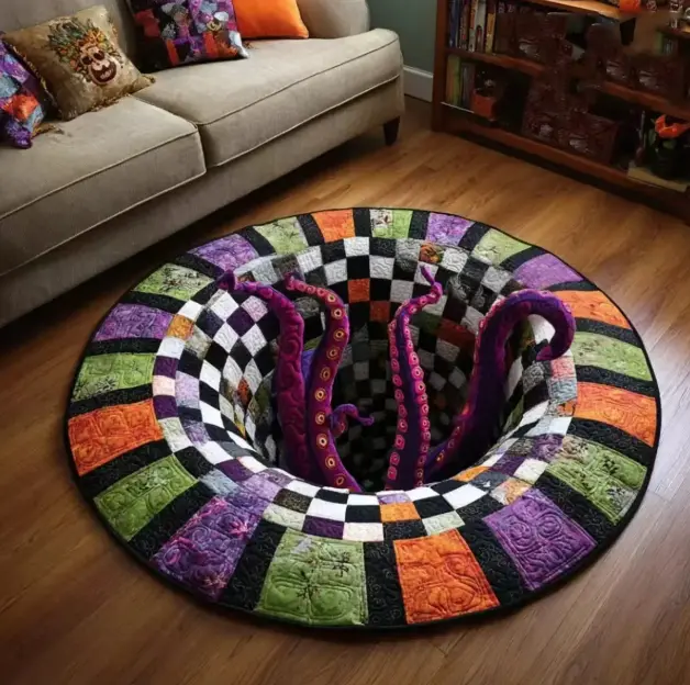 [Halloween] Oversized 3D Optical Illusion Round Rug, Skeleton Mummy Octopus Non-Slip Floor Mat, Spooky Halloween Area Carpet, Creepy Gothic Home Decor for Living Room Bedroom Party