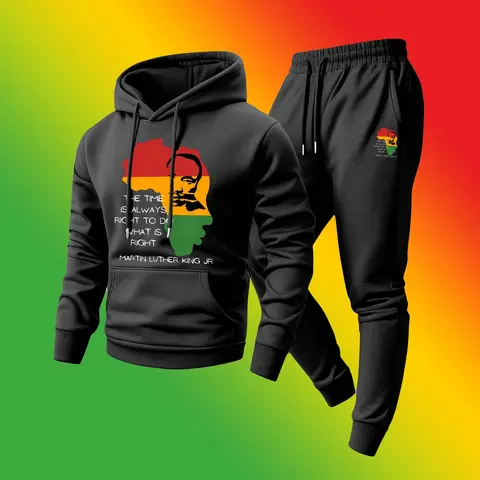 Men's Black History Month Print Hoodie and Drawstring Sweatpants Set, Menswear, Casual Athletic Long Sleeve Hooded Jacket & Trousers for Fall & Winter, Men's Clothing for Daily Wear, Sportswear Indoor Outdoor, Tracksuit, Athleisure