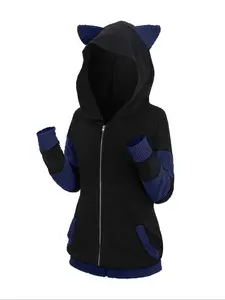 【Plus Size】 3D Ear Design Colorblock Zipper Hooded Coat, Casual Long Sleeve Pocket Outerwear for Spring & Fall, Women's Clothes for Daily Wear
