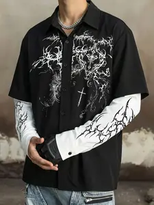 Unisex Gothic Style Gothic runes and cross graphic print pattern, two-piece Casual button front shirt, Button down shirts, Color Block Shirts, for spring and autumn, Fitted, Y2K Design, Punk Wind, streetwear, men's gifts, couple's outfits