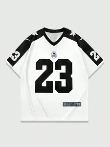 1pc Men's Oversized V-Neck Football Jersey Retro Star Graphic Print Streetwear Black & White Number 23 Sporty Top for Summer Outfits