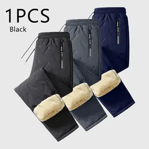 fleece-lined casual thick plush fleece Men's thermal winter pants, 1 piece, with zippered pockets, snow pants, suitable for hiking, workouts, and outdoor activities, multi-layer solid design, men's top, pa wear warm trouser Long Menswear pantalones para e