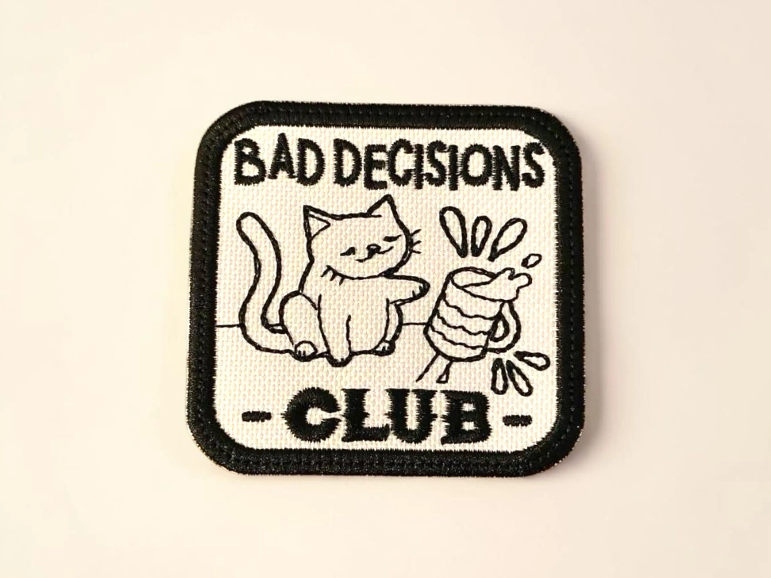 Silly Club Humorous Text "Bad Decisions" Embroidered Patch - 2.5x2.5" Iron On Sew On Hook Backing Multiple Backings Sewing Accessory for Jackets/Backpacks