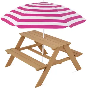 Best Choice Products Kids Wooden Picnic Table, Outdoor Activity & Dining Table w/Adjustable Collapsible Umbrella, Built-in Seats - Natural/Dark Pink