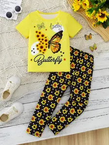 Girls' Clothing Set, 2-Piece Butterfly & Sunflower Print, Polka Dot Floral Pants, Soft Comfortable Fabric, Elastic Waistband