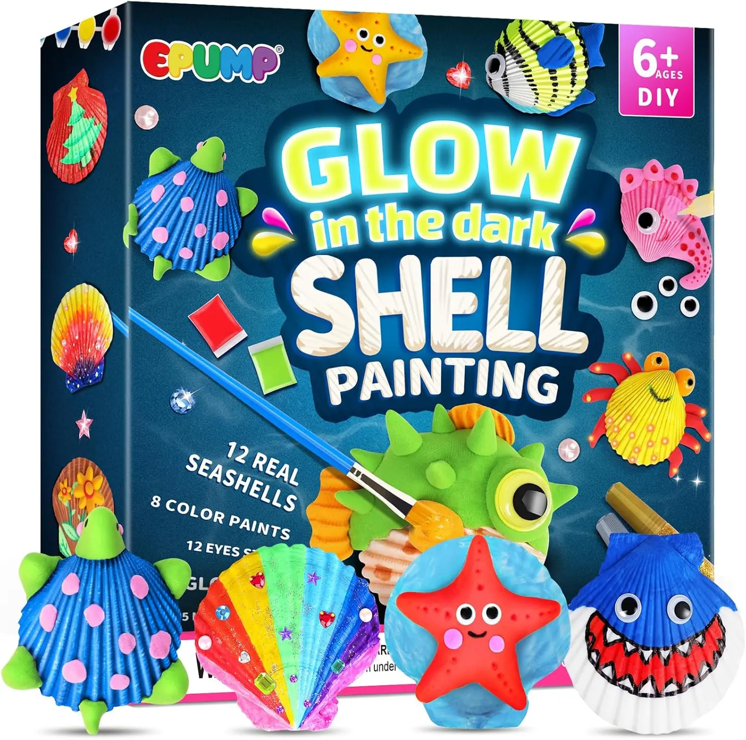 Glow-in-the-Dark Kids Seashell Crafting Kit - TUV Certified Educational Toy with Supplies, Burr-Free Edges, Sunlight-Absorbing Glow, 6-12 Age Group, Easter/Thanksgiving DIY Gift for Boys & Girls, Classroom Art Projects