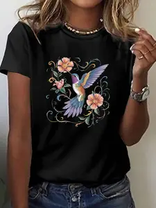 Women's Casual Short Sleeve Crew Neck T-Shirt - Vibrant Hummingbird & Floral Print, Soft Stretch Fabric, All-Season Comfort, Machine Washable Top for Spring & Summer, Comfortable Clothing, Geometric Patterns, Medium Elasticity
