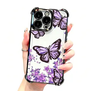 Four Corner Anti-Fall Flower Painting with Purple Butterflies Pattern Phone Case for iPhone 17 Pro Max 16 Plus 15 Pro 14 13 12 11 E Shockproof Transparent Electroplated Protective Cover phone case