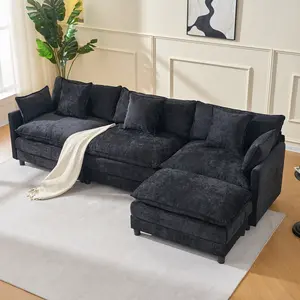 108" L Shaped Modern Sofa Modular Sectional Cloud Couch with Ottoman, 4-Seat Chenille Deep Seat Sofa with Pillow for Living Room, Bedroom and Apartment