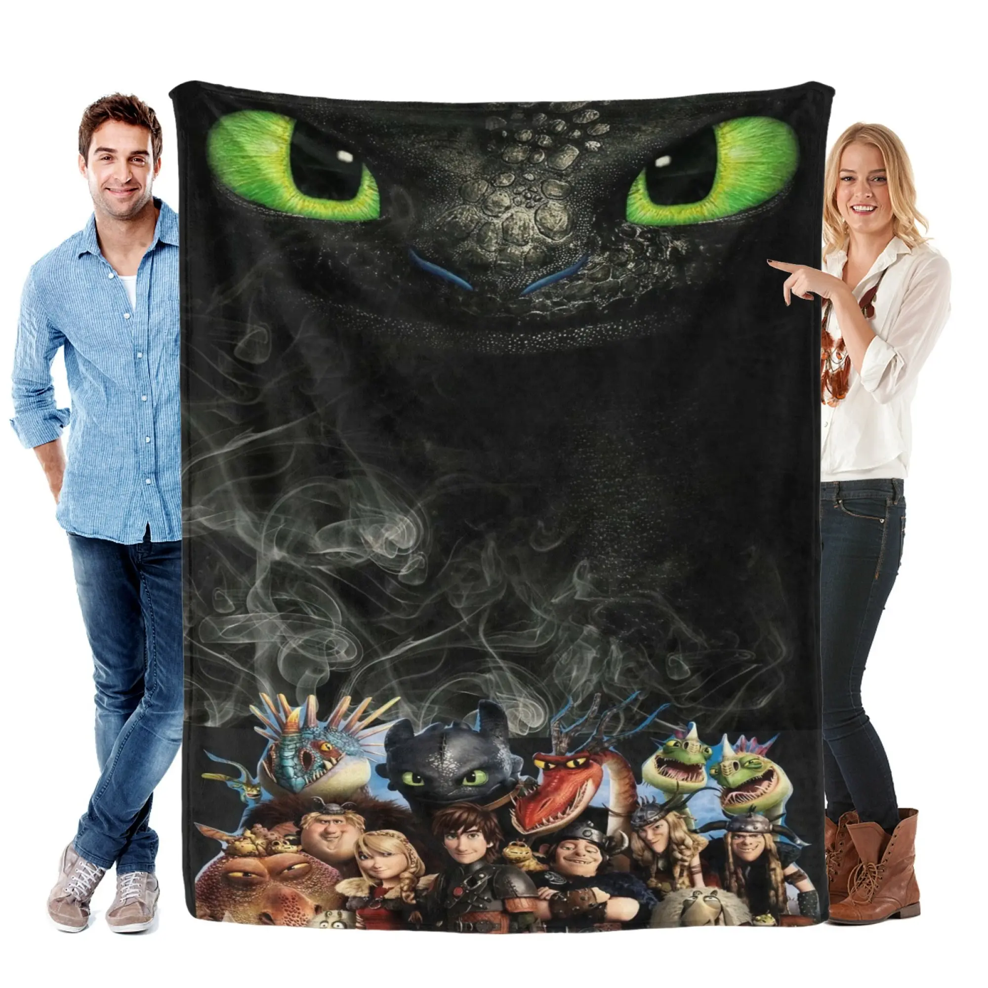 How To Train Your Dragon Full Characters Collage Flannel Throw Blanket, Large Toothless Green Eyes Smoky Black Background Print Ultra Soft All-Season Cozy Bedding for Sofa Bedroom Camping Travel, Fantasy Movie Decor, Perfect Birthday Christmas Gift