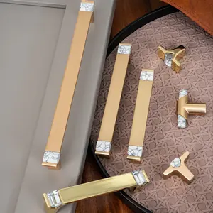 1 Pair Luxury Brushed Brass Cabinet Handles with White Pine Stone Accents - Elegant & Timeless Design