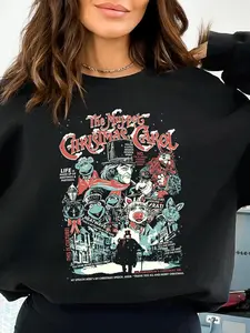 Women's Black The Muppet Christmas Carol Graphic Sweatshirt with Character Print and Classic Movie Quotes, Soft Pullover for Holiday Parties and Festive Movie Nights