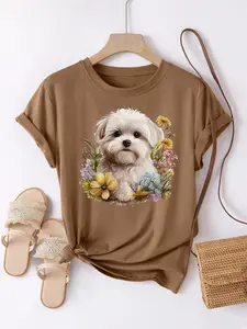 Summer Fashion Women's T-Shirt Original Design Floral Maltese Puppy Women's Casual Soft Round Neck Short Sleeve Top