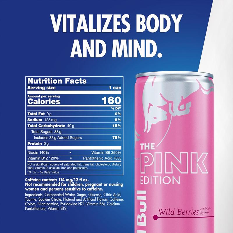 Red Bull Wild Berries, Pink Edition, with 114mg Caffeine plus Taurine & B Vitamins, 12 Fl Oz, Pack of 4 Cans