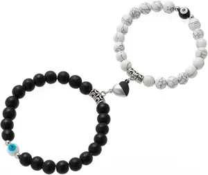 2PCS Matching Beaded Heart Bracelets for Couples – Y2K Style Adjustable Jewelry, Romantic Anniversary & Birthday Gift for Him and Her