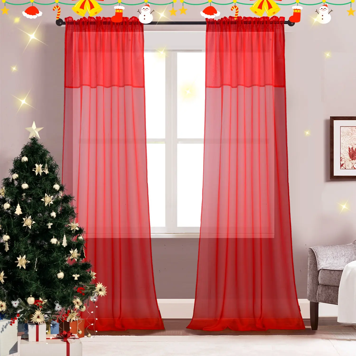 2 Panels Sheer Curtains with Valance Rod Pocket for Sunlight & Privacy velvet Transparent Colorful Wedding Curtain Gauze single piece Elegant Embroidery Pinch Pleated Linen Embroidered Luxury langsir bidai blackout sheer Ring brocade blind langsir hook ro