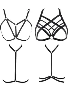 4 Pcs Women's Sexy Harness Cage Bra Set, Strappy Body Harness Lingerie