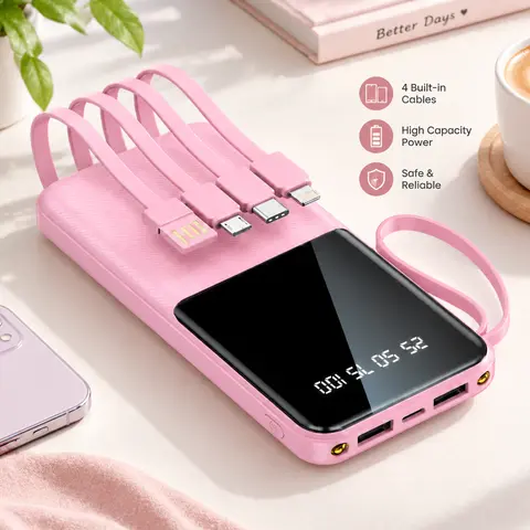 20W 10000mAh Portable Power Bank with Built-in Type-C, Lightning, Micro USB Cables, Lanyard, Fast Charging, Smart Digital Display, LED Flashlight - For Smartphones, Tablets, Travel, Dormitories Battery Pack Charger Chargeable