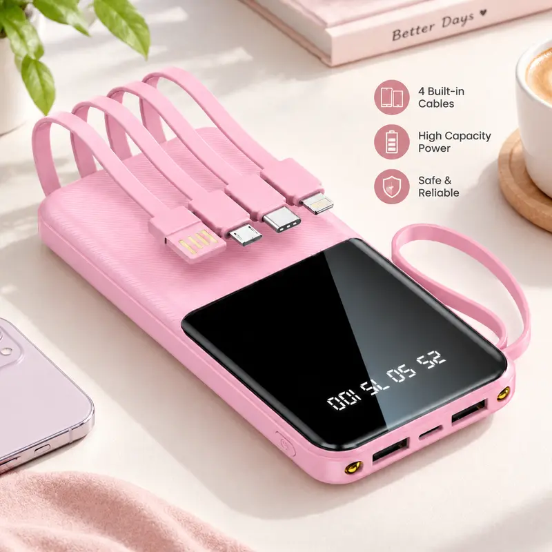 20W 10000mAh Portable Power Bank with Built-in Type-C, Lightning, Micro USB Cables, Lanyard, Fast Charging, Smart Digital Display, LED Flashlight - For Smartphones, Tablets, Travel, Dormitories Battery Pack Charger Chargeable
