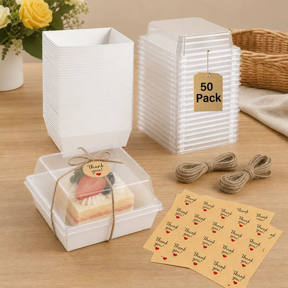 50-Pack 5-Inch Plastic Paper Charcuterie Bakeware Boxes with Transparent Lids, White Small Square Stackable To Go Food Containers for Mini Cakes, Cookies