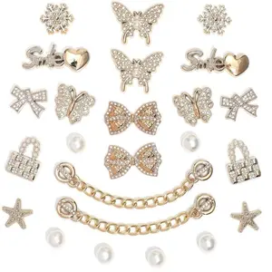 Women's Bling Shoe Charms Beauty Products - 18/20/22/24 Pcs (22 Pcs Style 1 Included), 2 Sparkling Chains, LOVE Queen Letter Decorations, Pearls, Rhinestones, DIY Footwear Accessories, Party Favors Gift
